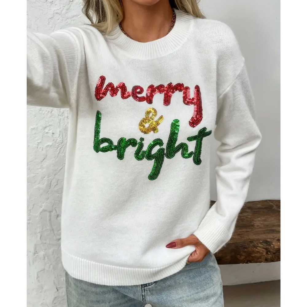 Red and Green Merry & Bright Sequin Lettered White Sweater